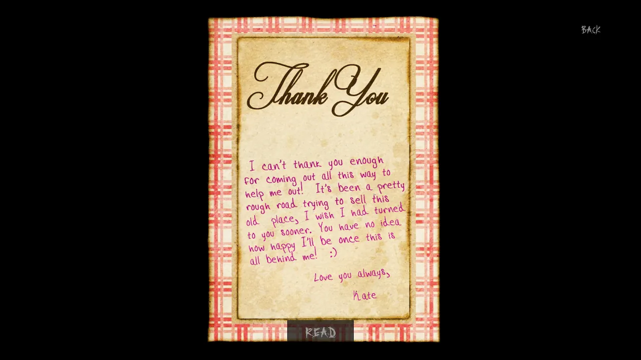 In-game 'Thank You' note from 'Kate' on aged paper with a red plaid border, featuring UI navigation buttons 'READ' and 'BACK'.