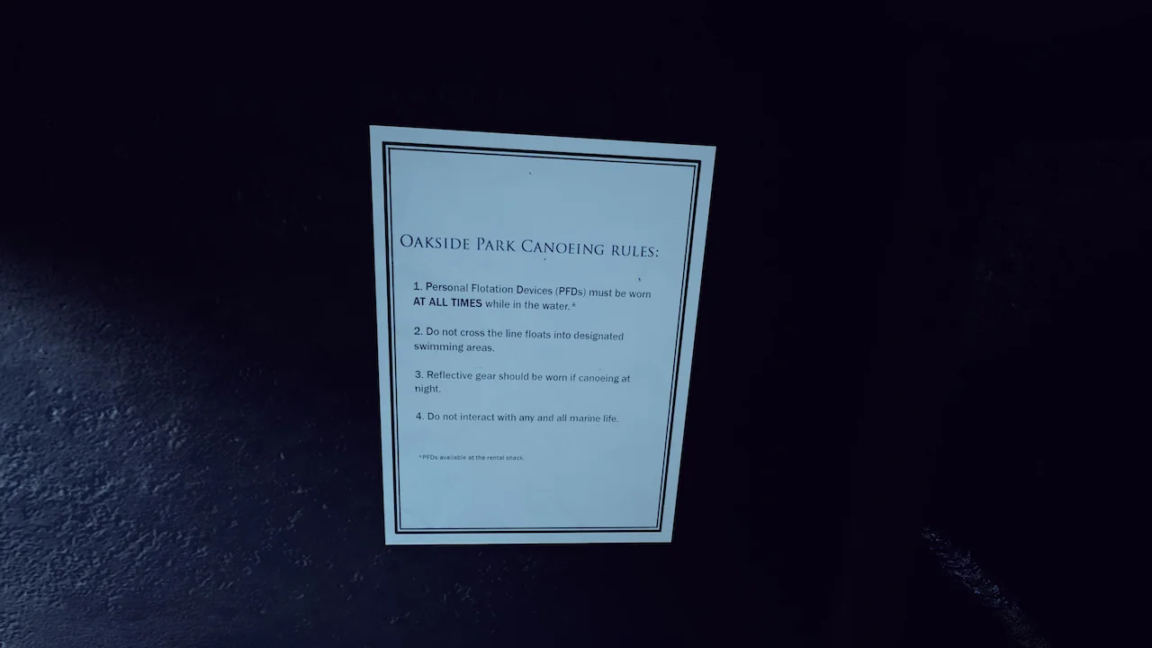 A white sign titled 'OAKSIDE PARK CANOEING RULES' on a dark, textured wall, showing safety guidelines.