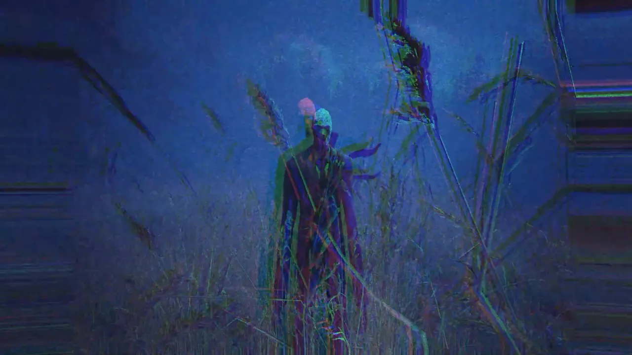 A glitch-distorted, eerie humanoid figure stands in a dark blue field of tall grass, featuring digital corruption and chromatic aberration.