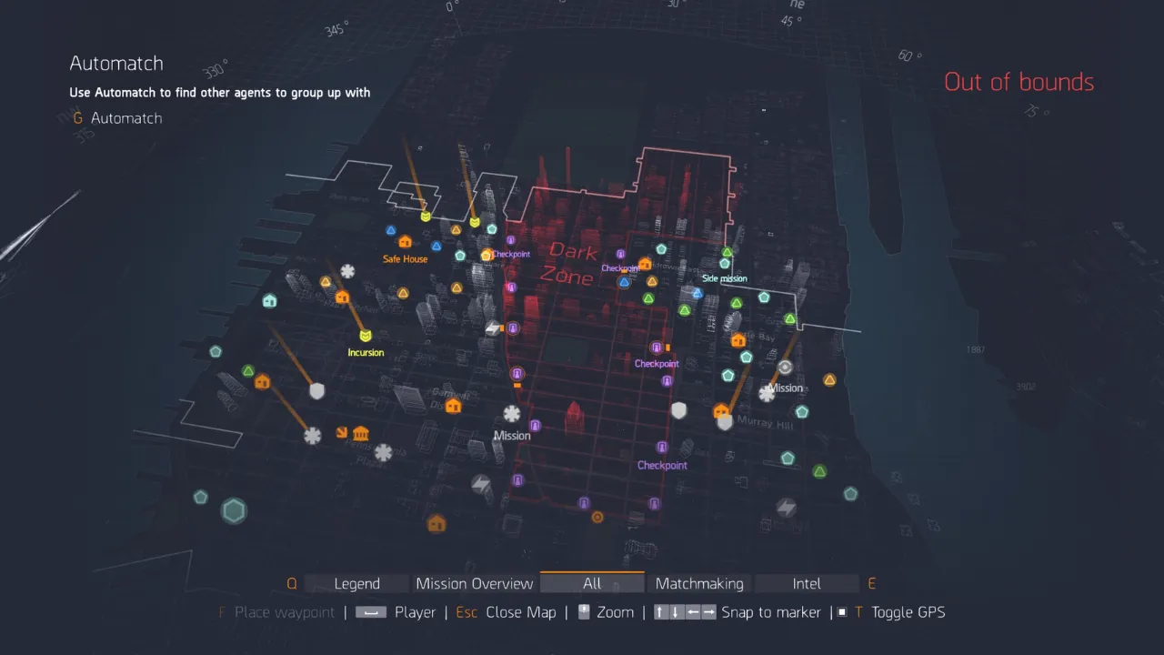 A video game map from Tom Clancy's The Division, showing the Dark Zone, various missions, safe houses, and UI.