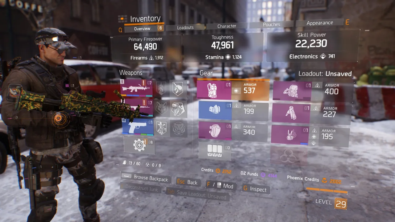 A player character in Tom Clancy's The Division inventory screen, displaying combat stats, equipped gear, weapons including a camouflaged LMG, and currencies.