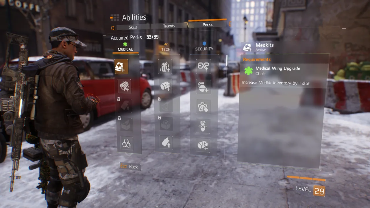 In-game screenshot showing a character viewing the 'Perks' menu, specifically the 'Medical' category and details for the 'Medkits' perk.