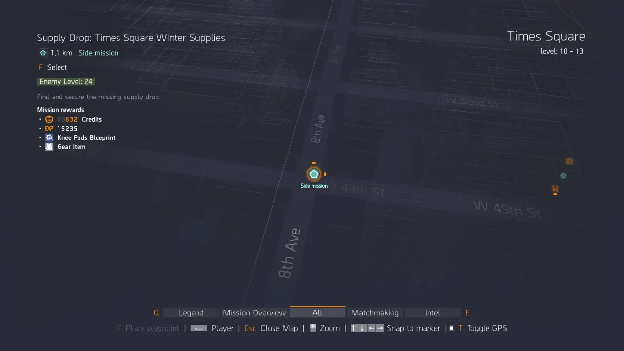 The Division game map showing a 'Supply Drop: Times Square Winter Supplies' side mission details with rewards and a map marker near 8th Ave and W 49th St.