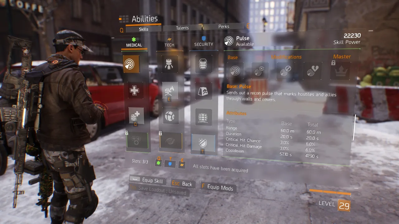 Tom Clancy's The Division abilities menu showing the Pulse skill details, modifications, skill power, and player level.