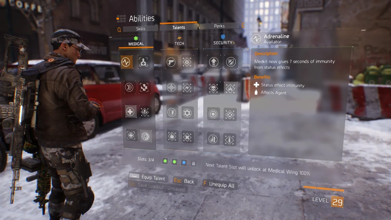 Tom Clancy's The Division gameplay screenshot featuring the 'Talents' menu. The UI details the 'Adrenaline' talent, offering 7s of status effect immunity from medkits, alongside equipped slots, progression, keybinds, and Level 29.