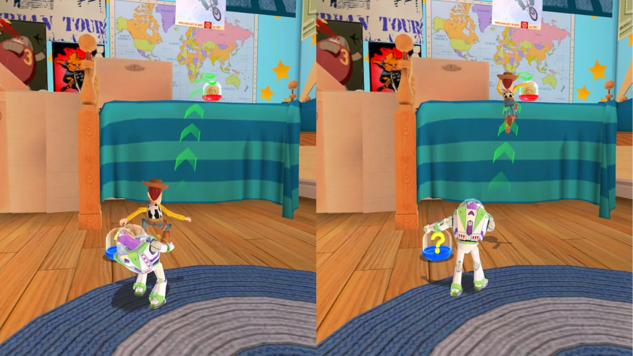 Buzz Lightyear throwing Woody during a teamwork section in Toy Story 3 The Game.