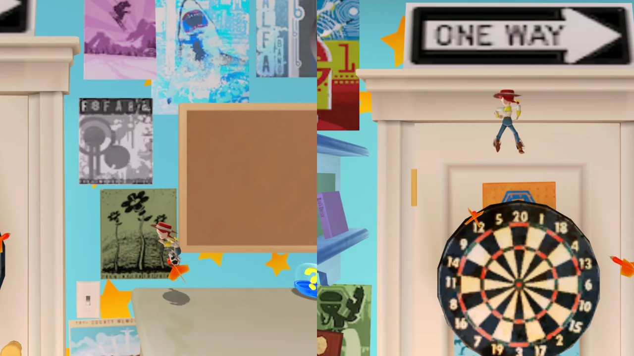 Jessie performing a platforming section near a dartboard in Toy Story 3 The Game.