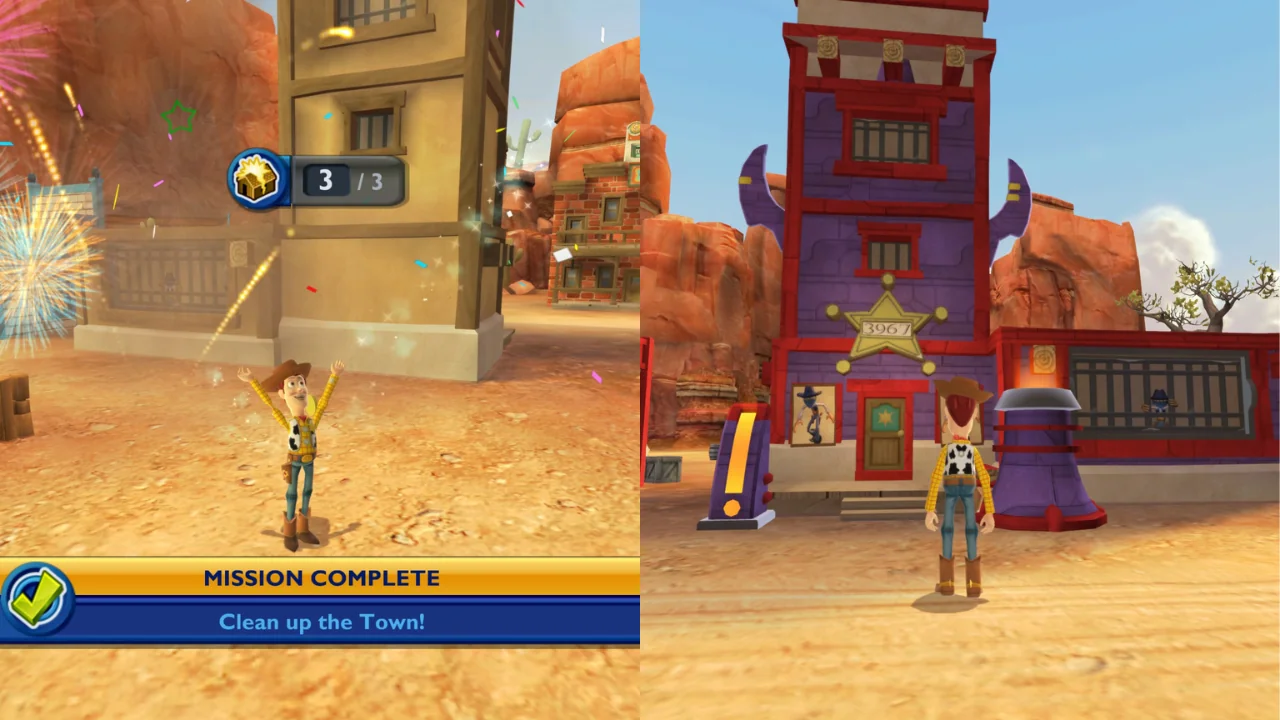 Woody completing a town mission in Toy Story 3 The Game Toy Box mode.