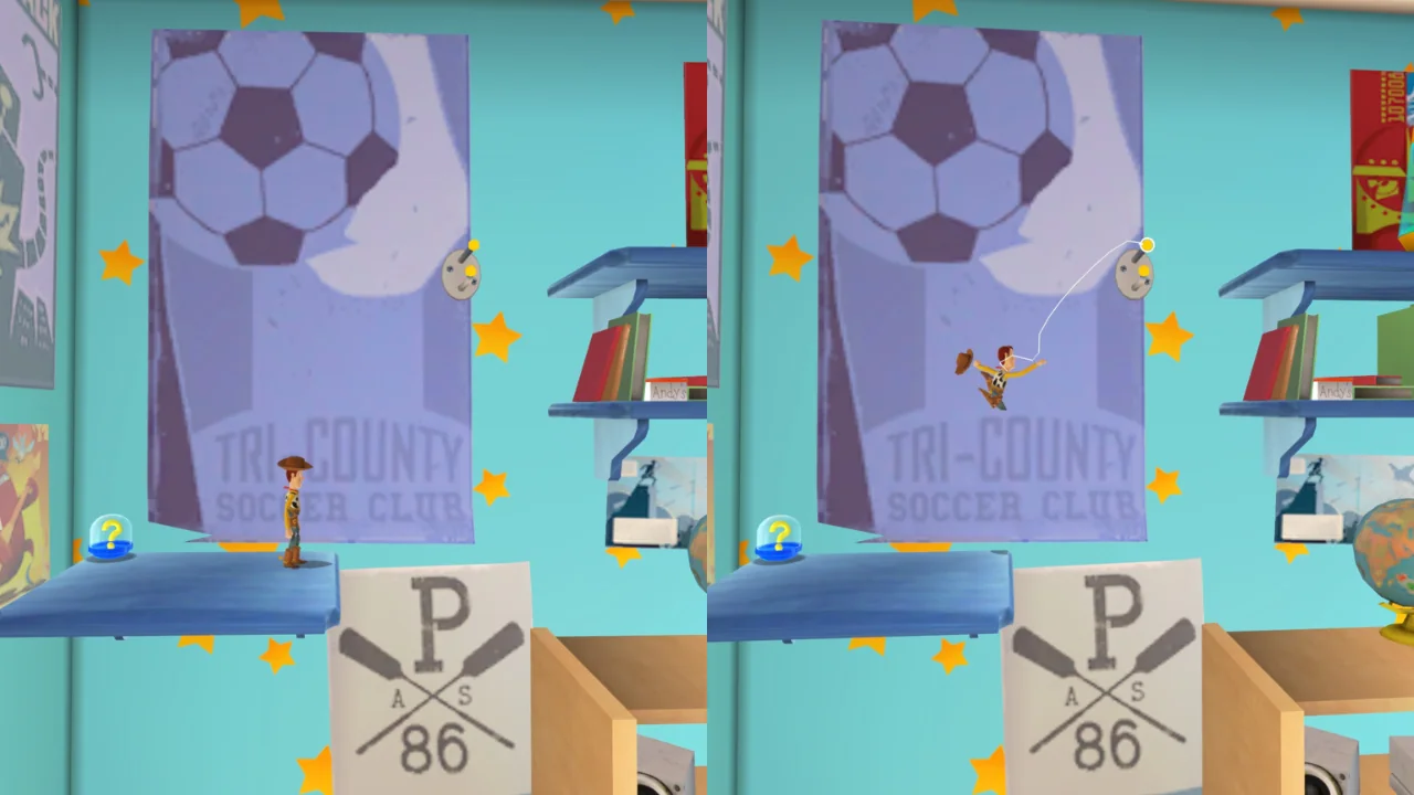 Woody using his pull string during a platforming section in Toy Story 3 The Game.