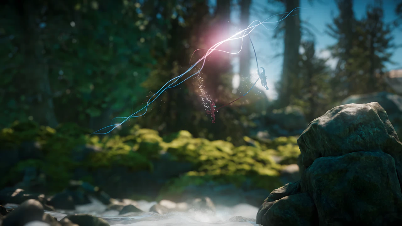 Unravel Two gameplay featuring red and blue Yarny characters on a forest bridge in high-resolution 4K graphics.