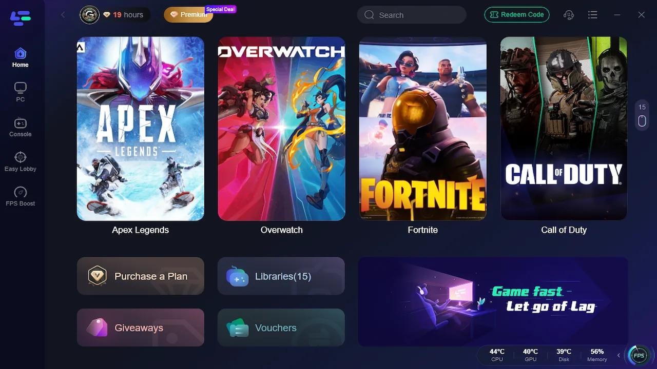 LagoFast dashboard showing game shortcuts for Apex Legends, Overwatch, Fortnite, and Call of Duty.