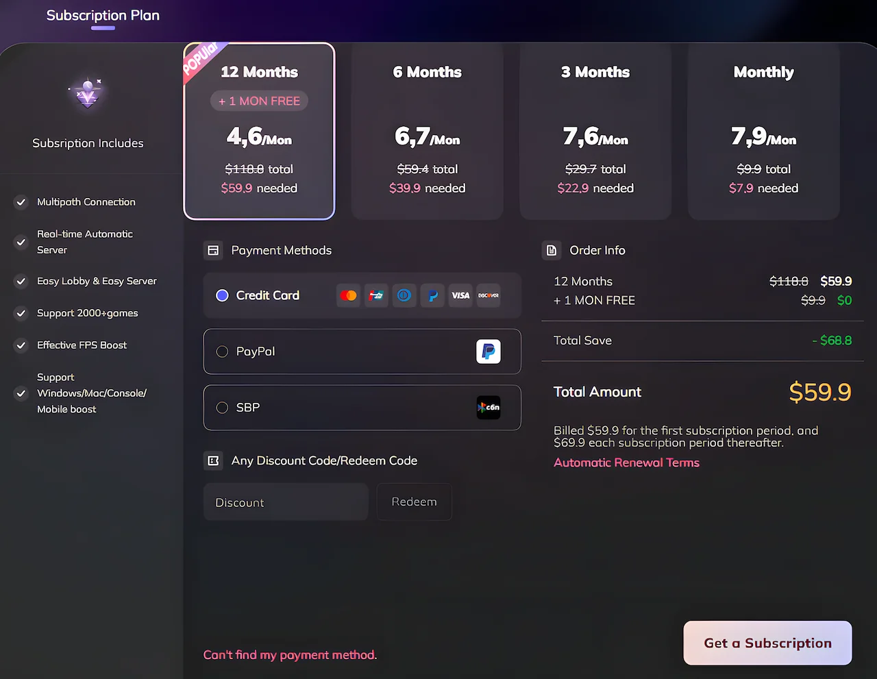 LagoFast pricing and subscription plans screen showing monthly, 3-month, 6-month, and 12-month options.