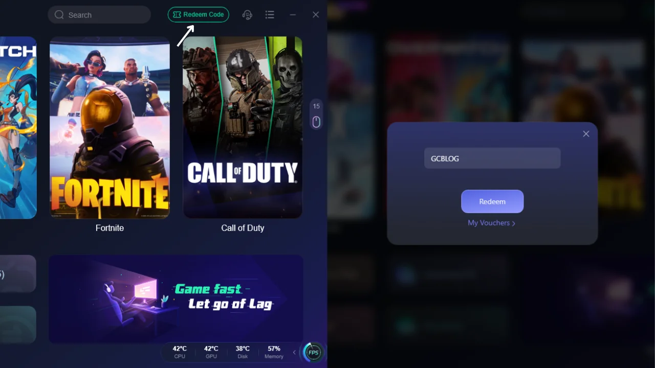 Screenshot of a gaming launcher displaying popular titles like Fortnite and Call of Duty, with an active 'Redeem Code' dialog showing 'GCBLOG' entered, and system performance stats.