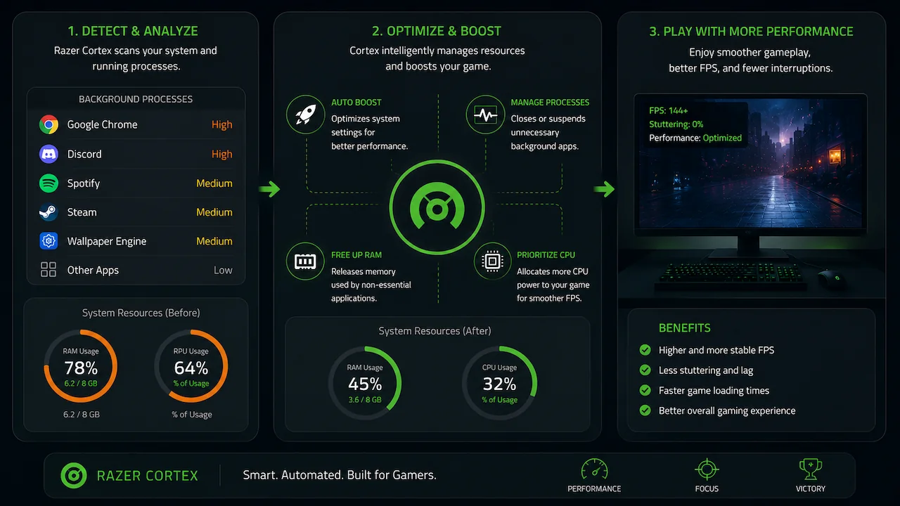 An infographic detailing Razer Cortex's game optimization process, showing before-and-after resource usage and performance benefits.