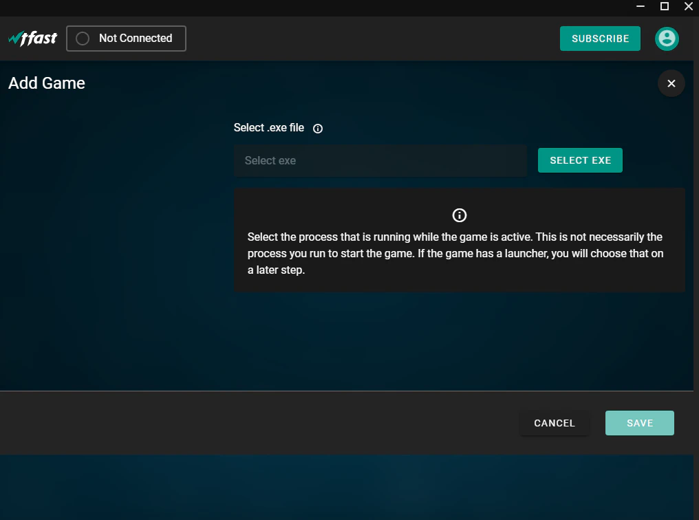 WTFast GPN software interface showing the Add Custom Game configuration window for low latency gaming optimization.