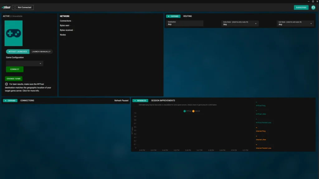 WTFast dashboard showing real-time ping tracker and network optimization metrics for competitive online gaming.
