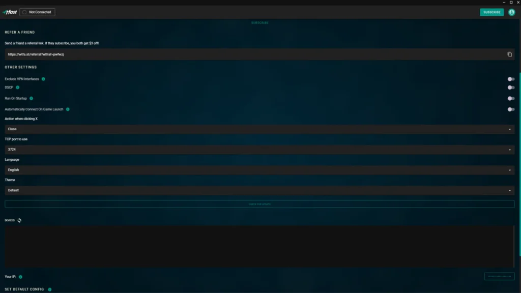 wtfast software settings menu interface for optimizing network ping and reducing latency in competitive gaming.