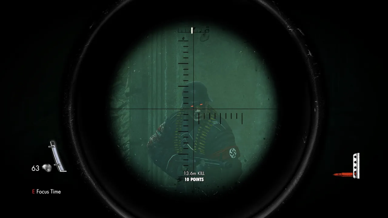 First-person sniper scope view in a video game, targeting a Nazi zombie with glowing red eyes. UI shows kill distance and score.