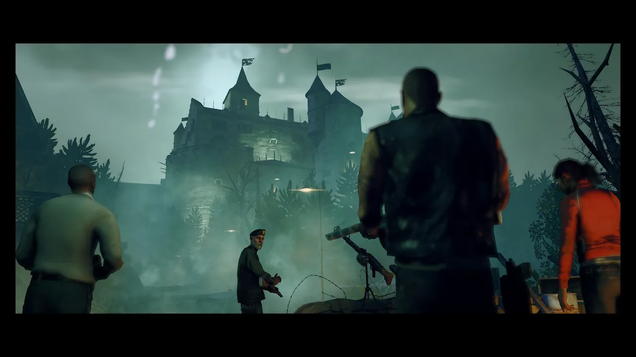 In-game screenshot featuring four characters, reminiscent of the Left 4 Dead survivors, standing before a gothic castle under a dim, overcast sky, highlighting environmental atmosphere and character models.