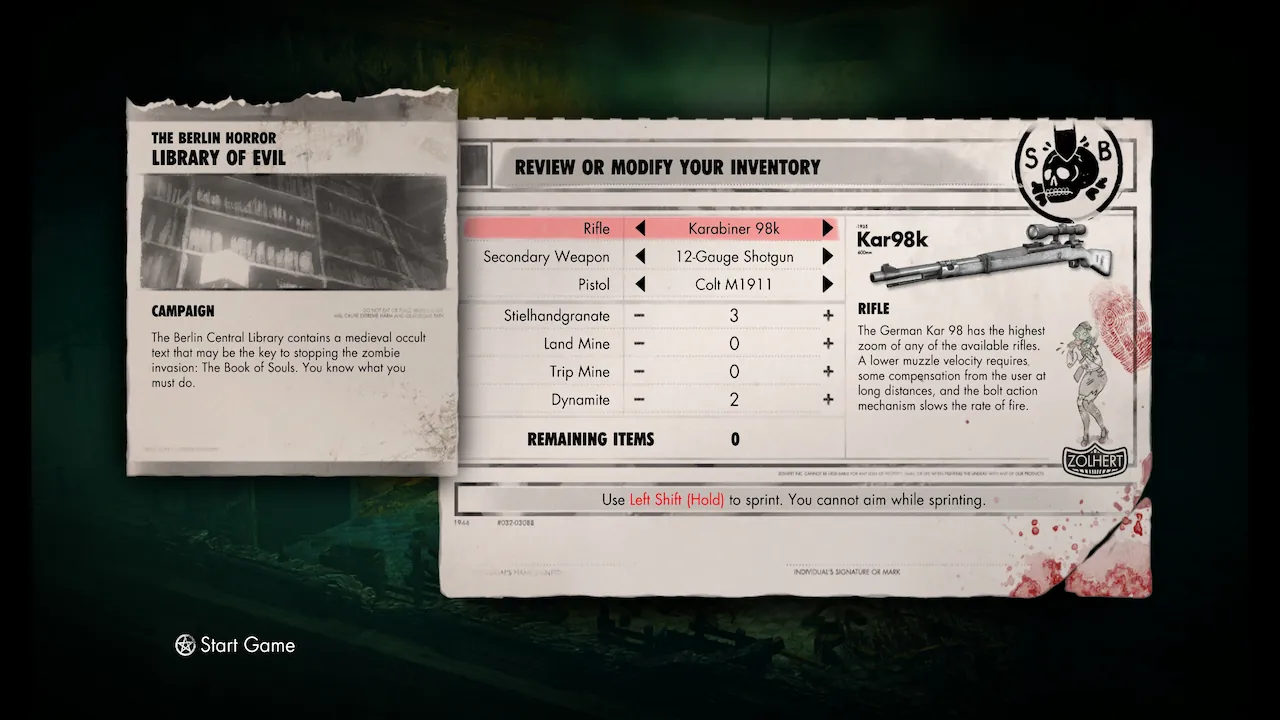 A video game menu showing a mission briefing for 'The Berlin Horror: Library of Evil' and an inventory screen with a Kar98k rifle selected.